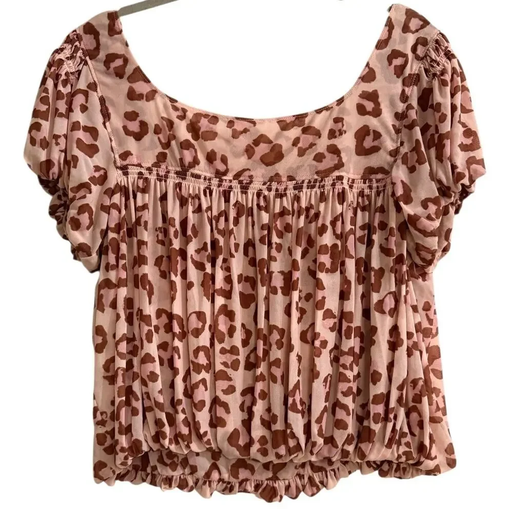 FP Free People Pink Animal Print Black Crop Bubble Hem Blouse Medium Lined